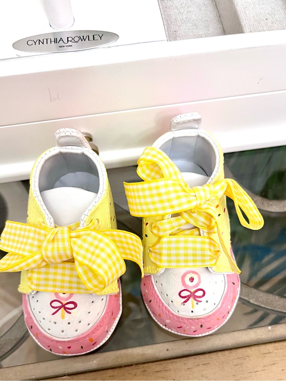Cynthia Rowley Yellow Gingham Bow Baby Sneakers with Pink Accents